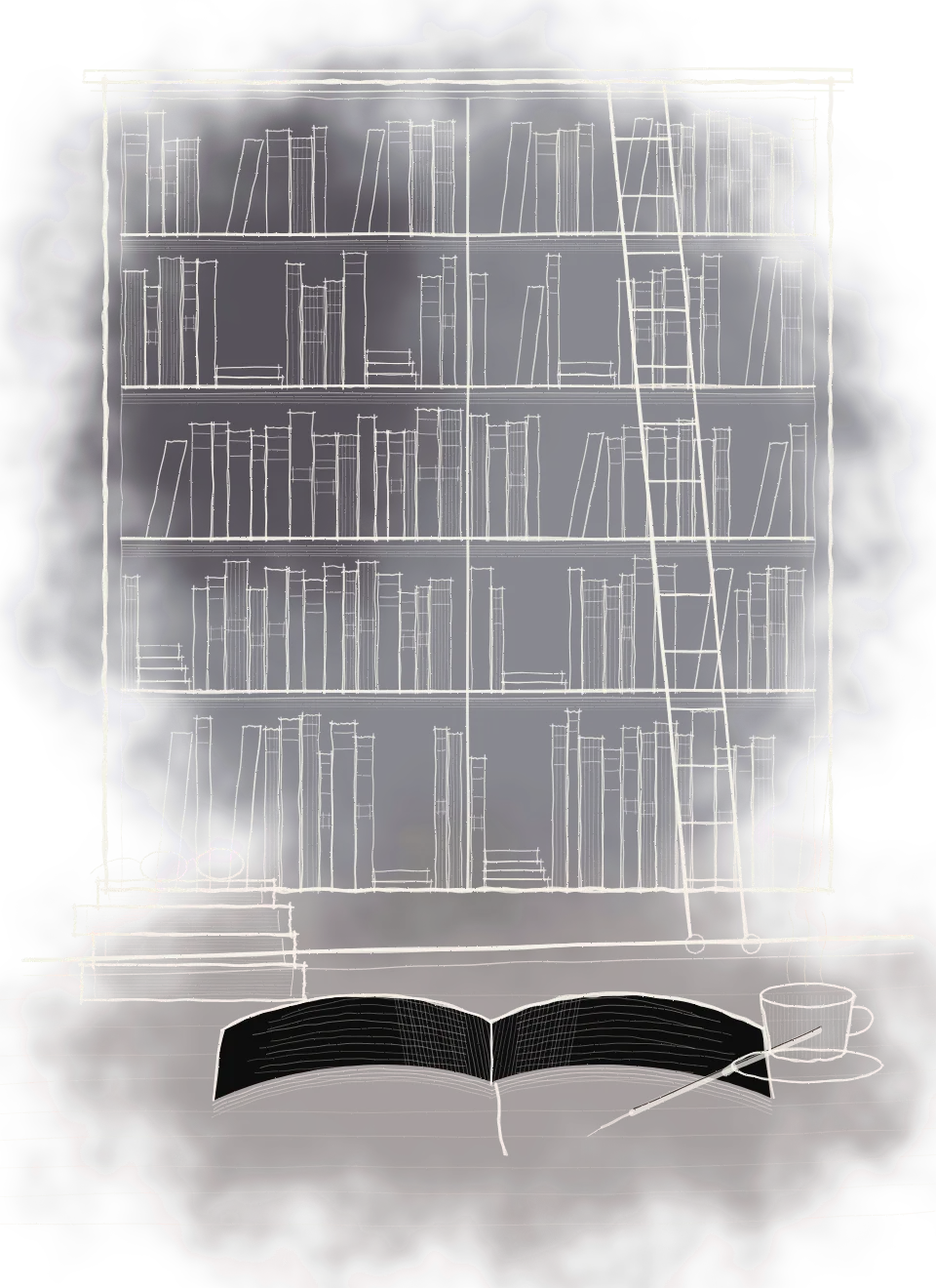 An ink drawing of a library: tall shelves of books and a rolling ladder, and on the desk an open book, a stack of books with spectacles, a fountain pen and a cup of tea.